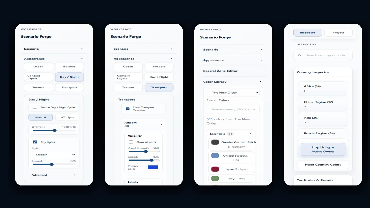 Scenario Forge showing multiple workspace UI panels for appearance, transport, color, and inspector controls.