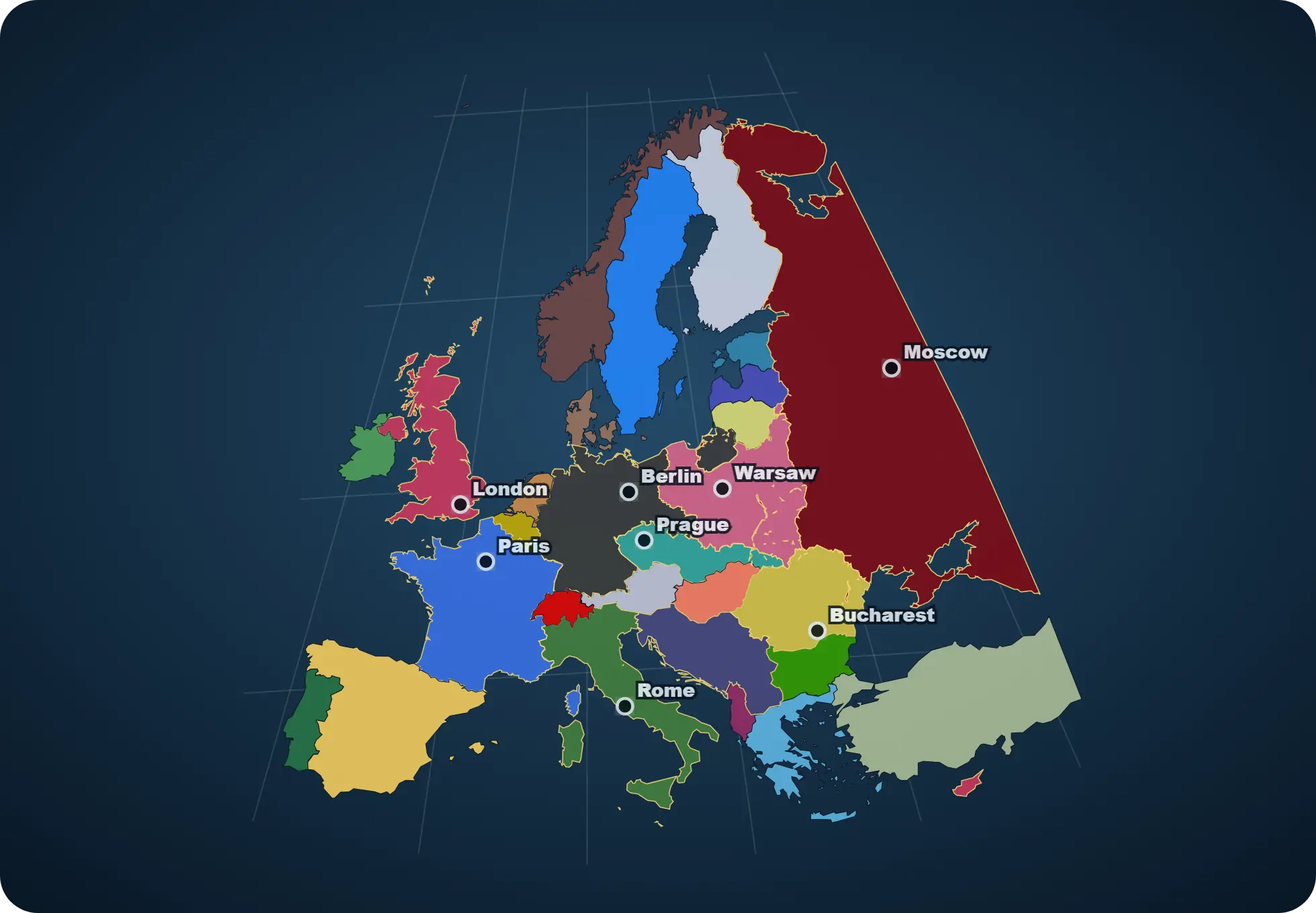 Generated Scenario Forge HOI4 1936 political map with borders and capital labels.