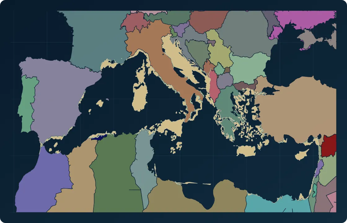 Generated TNO 1962 Atlantropa Mediterranean map with political context, salt basins, shoals, and water regions.