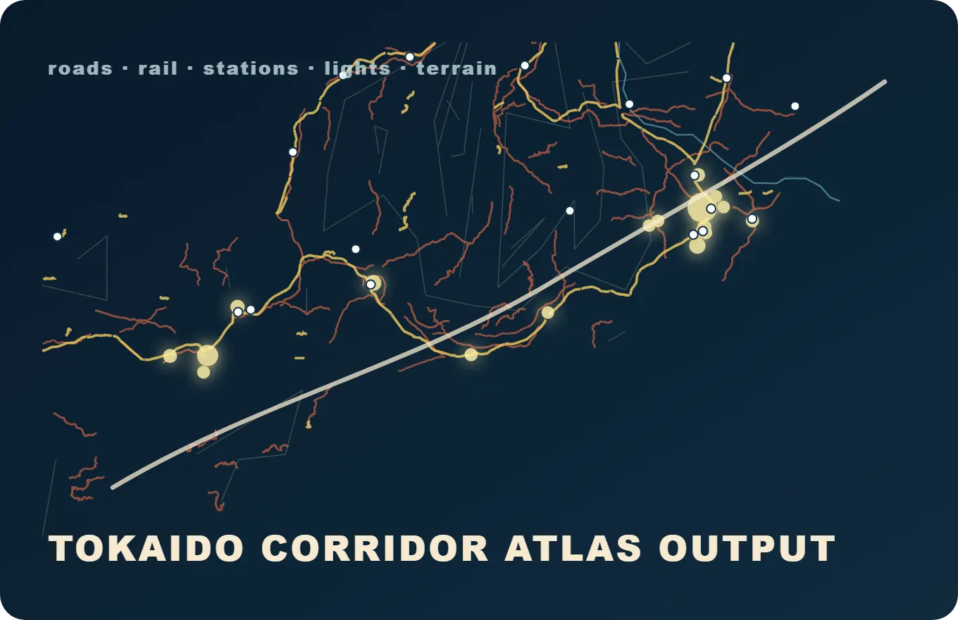 Generated Japan Tokaido corridor atlas map with roads, rail, city lights, stations, and terrain.