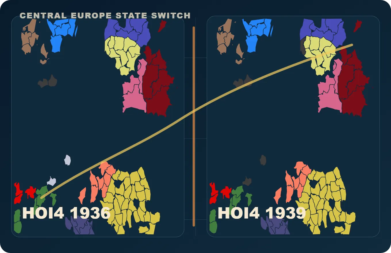 Generated HOI4 1936 and 1939 Central Europe comparison map.