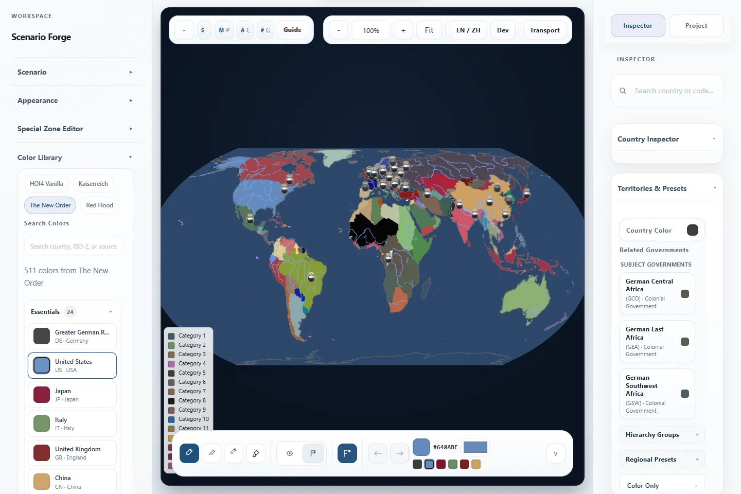 Scenario Forge editor showing a world political map with side panels and toolbars.